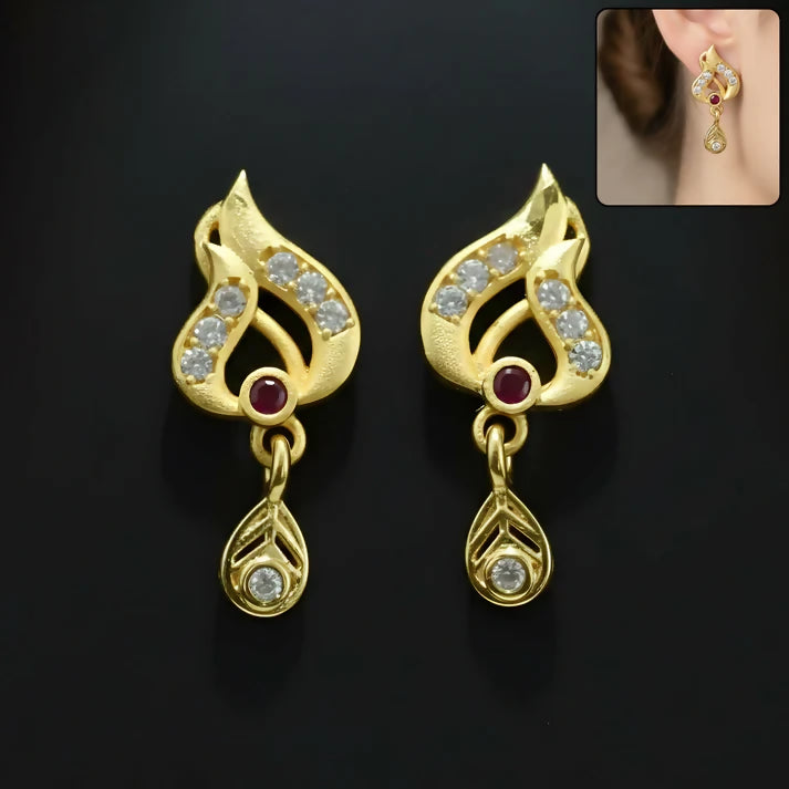 Classic Gold Tone Designer Leaf Earrings With Ruby Accent And Graceful Hanging Drop
