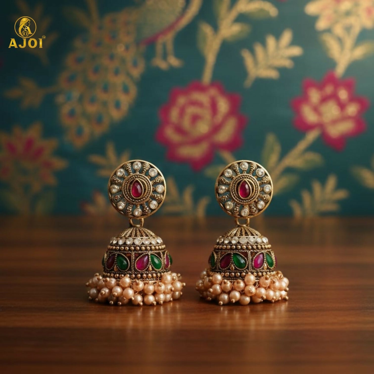 Antique gold plated jhumka earrings with vibrant green and pink stones