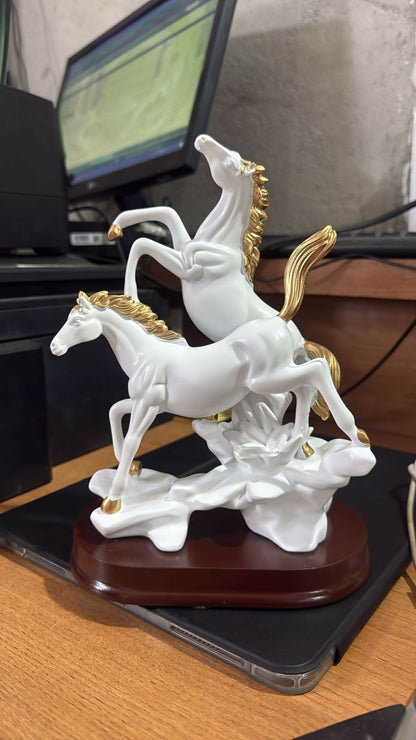White Gold Horse Statue Showpiece for Home Decor Table Accent