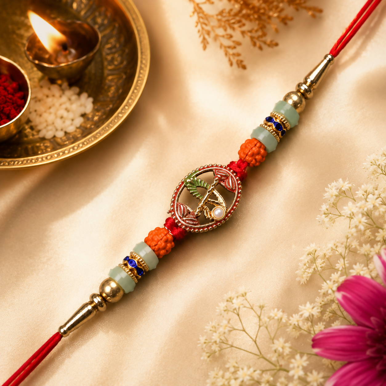 A decorative bracelet with a gold-toned oval charm, green and orange beads, and blue accents, set against a light gold