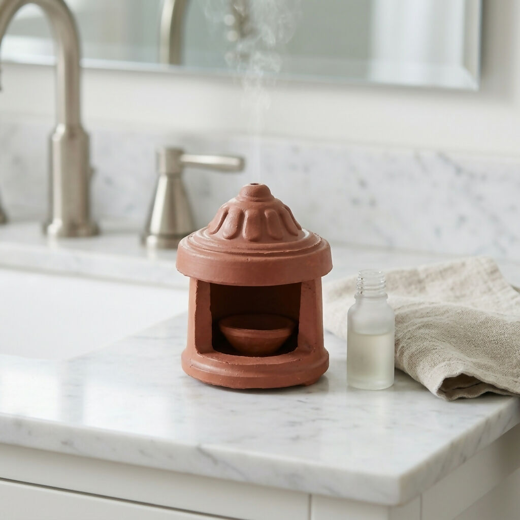 VedicHome terracotta clay diya lamp with protective hut cover front view