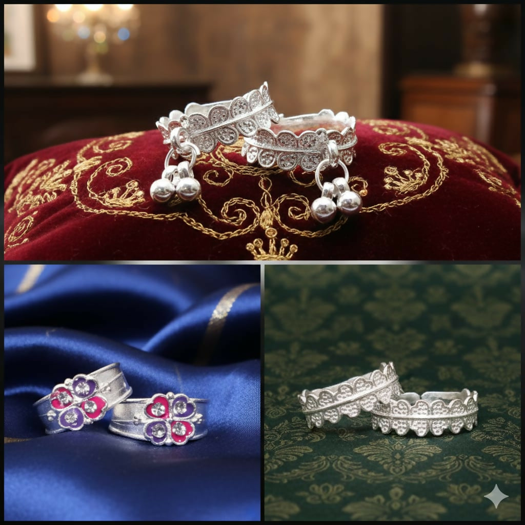 Silver toe ring set featuring scalloped lace design enhancing traditional charm
