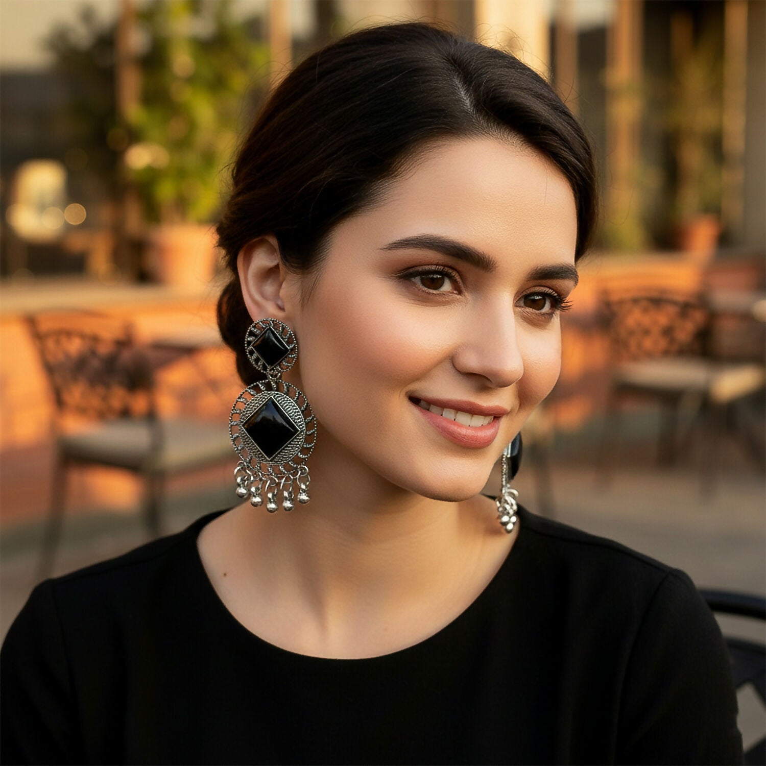 Vintage Charm Black Stone Oxidized Silver Earrings