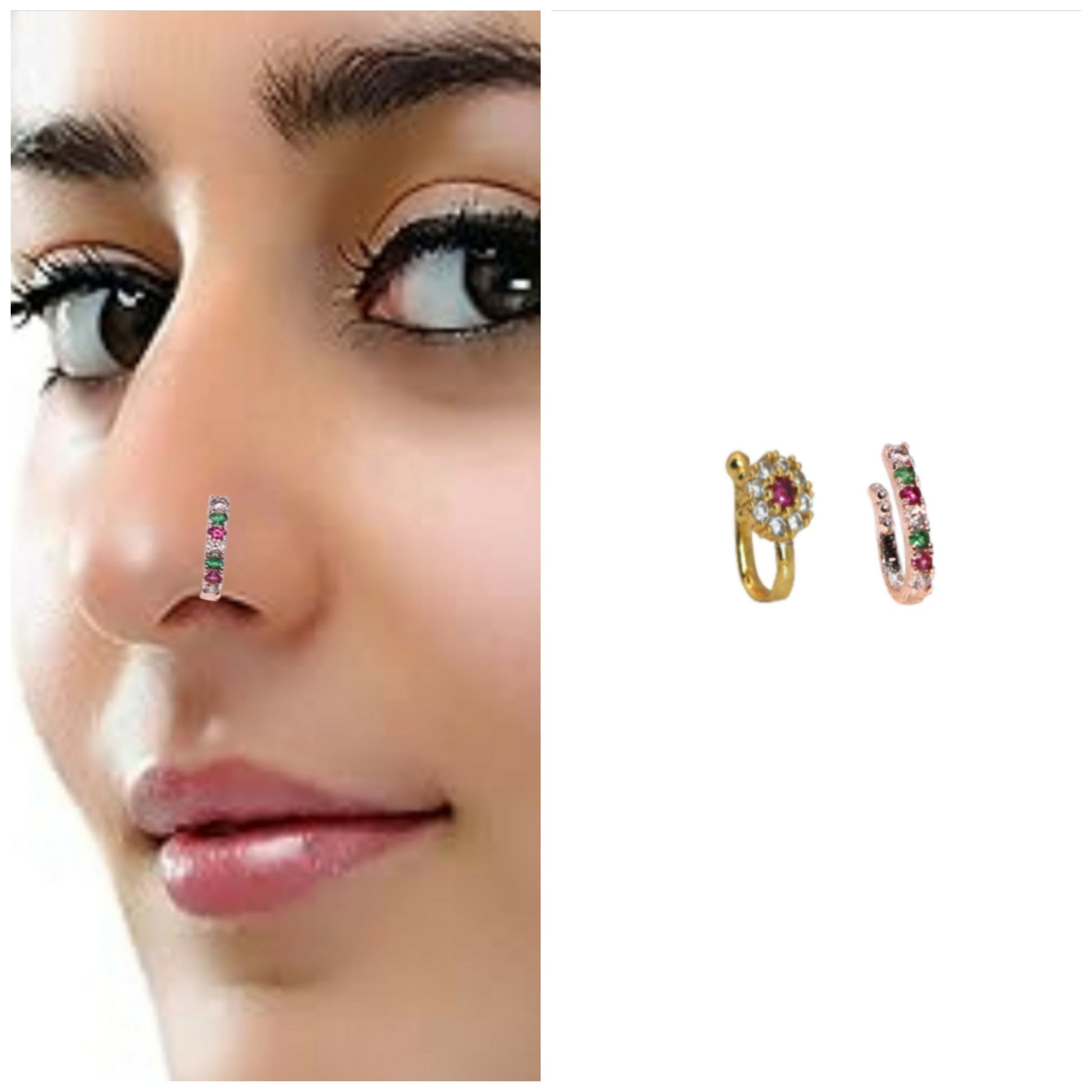 Non-Piercing CZ Nose Clip Set - Flower & Pave Hoop Combo Pack of 2