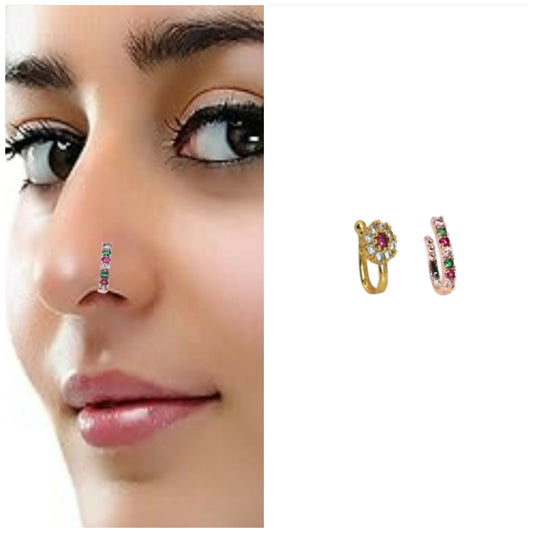 Non-Piercing CZ Nose Clip Set - Flower & Pave Hoop Combo Pack of 2