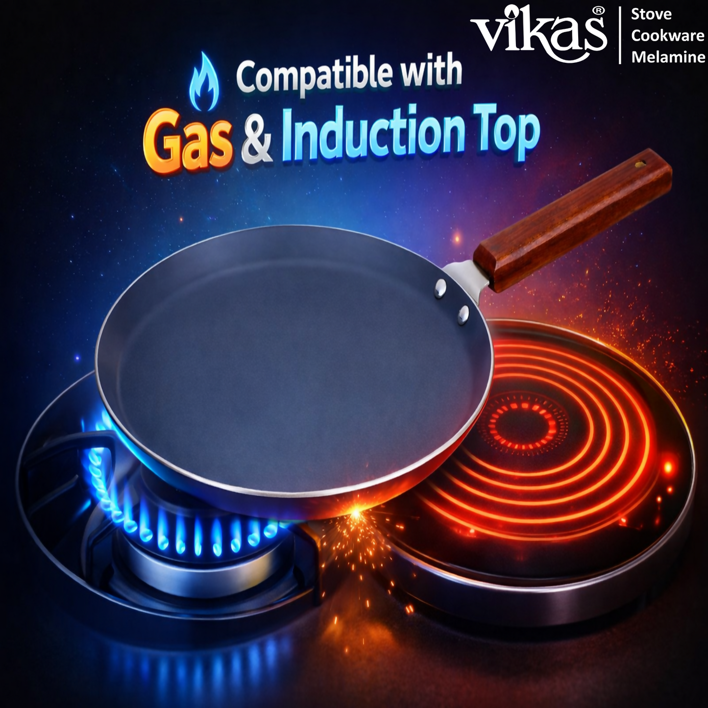 Vikas Ceramic Dosa Tawa Grey with Wooden Handle, front view