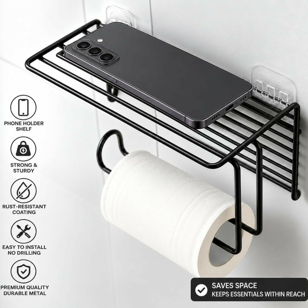 A black metal toilet paper holder with a smartphone on its upper shelf and a roll of tissue paper.