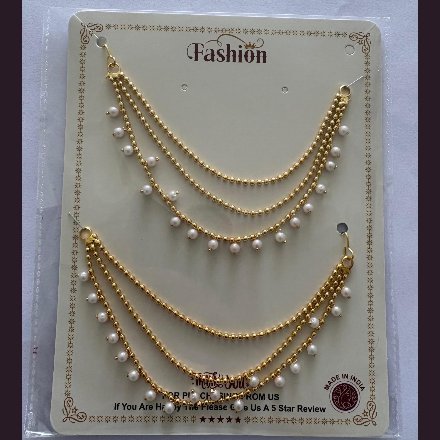 Gold multilayer temple chain jewellery set with dangling white pearls
