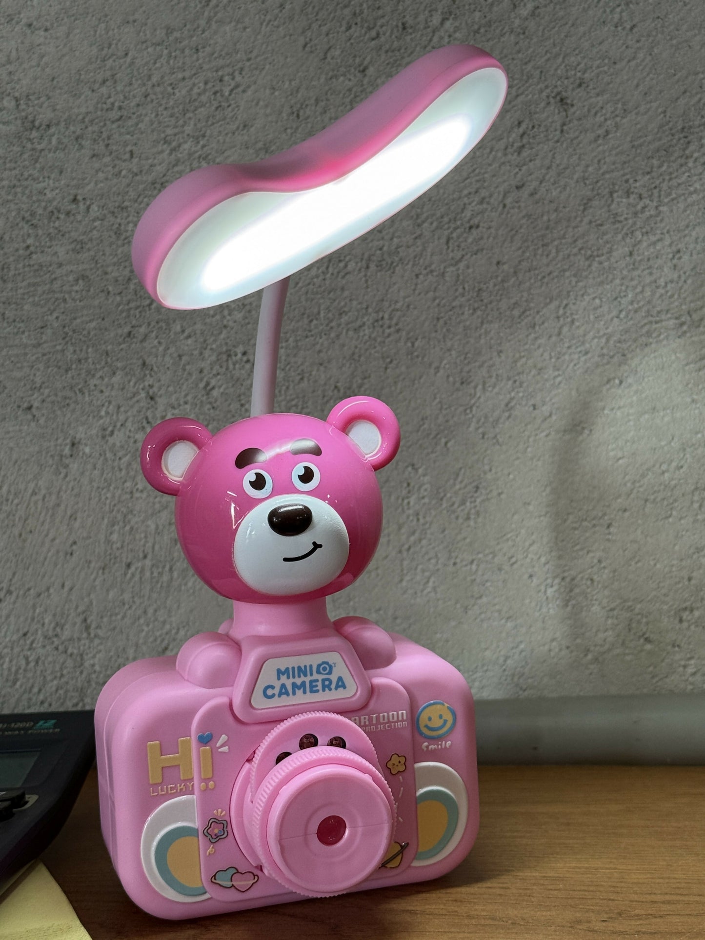 Cute Bear Camera Desk Lamp with LED Light & Projector, USB Rechargeable