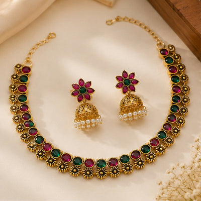 Ruby Green Stone Floral Choker Necklace with Pearl Jhumka Earrings for Women