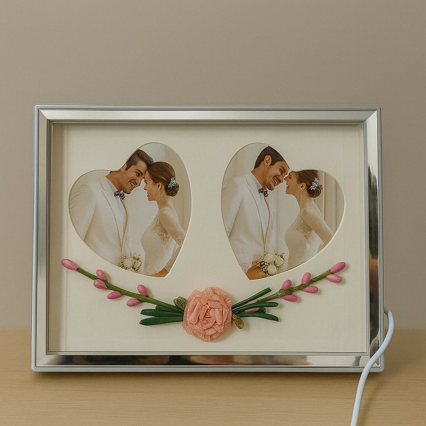 Romantic Dual Heart-Shape LED Light Photo Frame for Couple | Decorative Floral Wedding & Anniversary Picture Frame | USB Powered Warm Light Love Frame for Bedroom, Living Room & Gifting | Premium Couple Photo Display for Home Décor