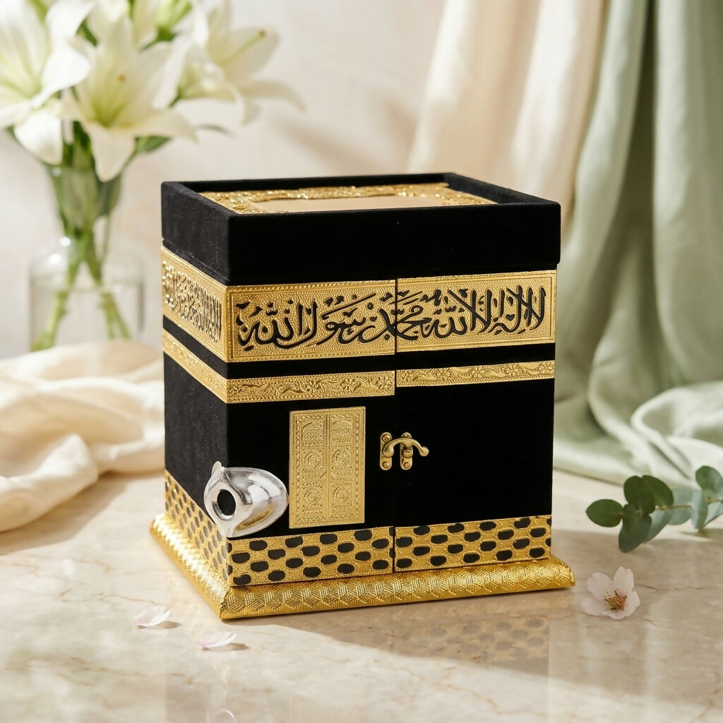 Premium black velvet Kaaba replica with gold Arabic calligraphy
