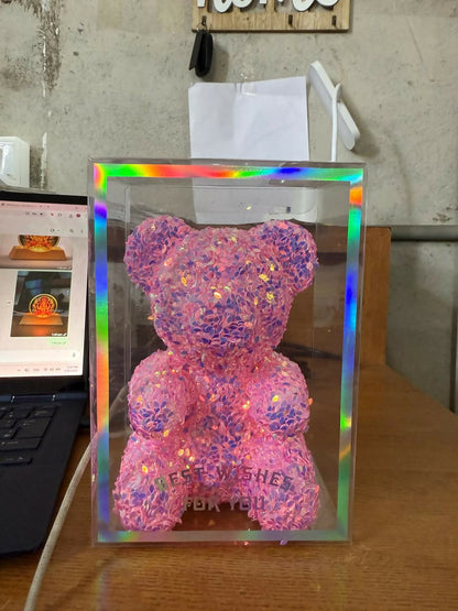 Pink Glitter Teddy Bear Showpiece with Gift Display Box Decor