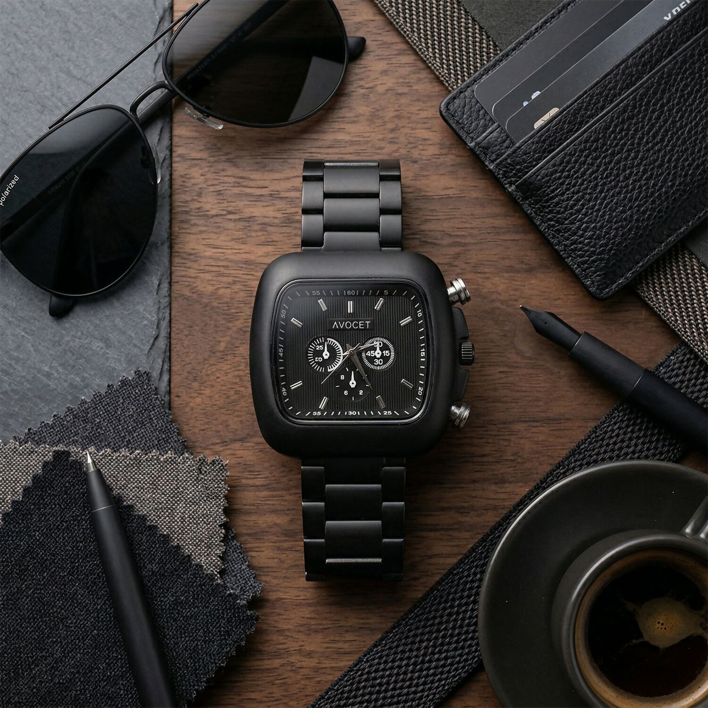 Matte Black Square Dial Metal Strap Analog Wrist Watch for Men