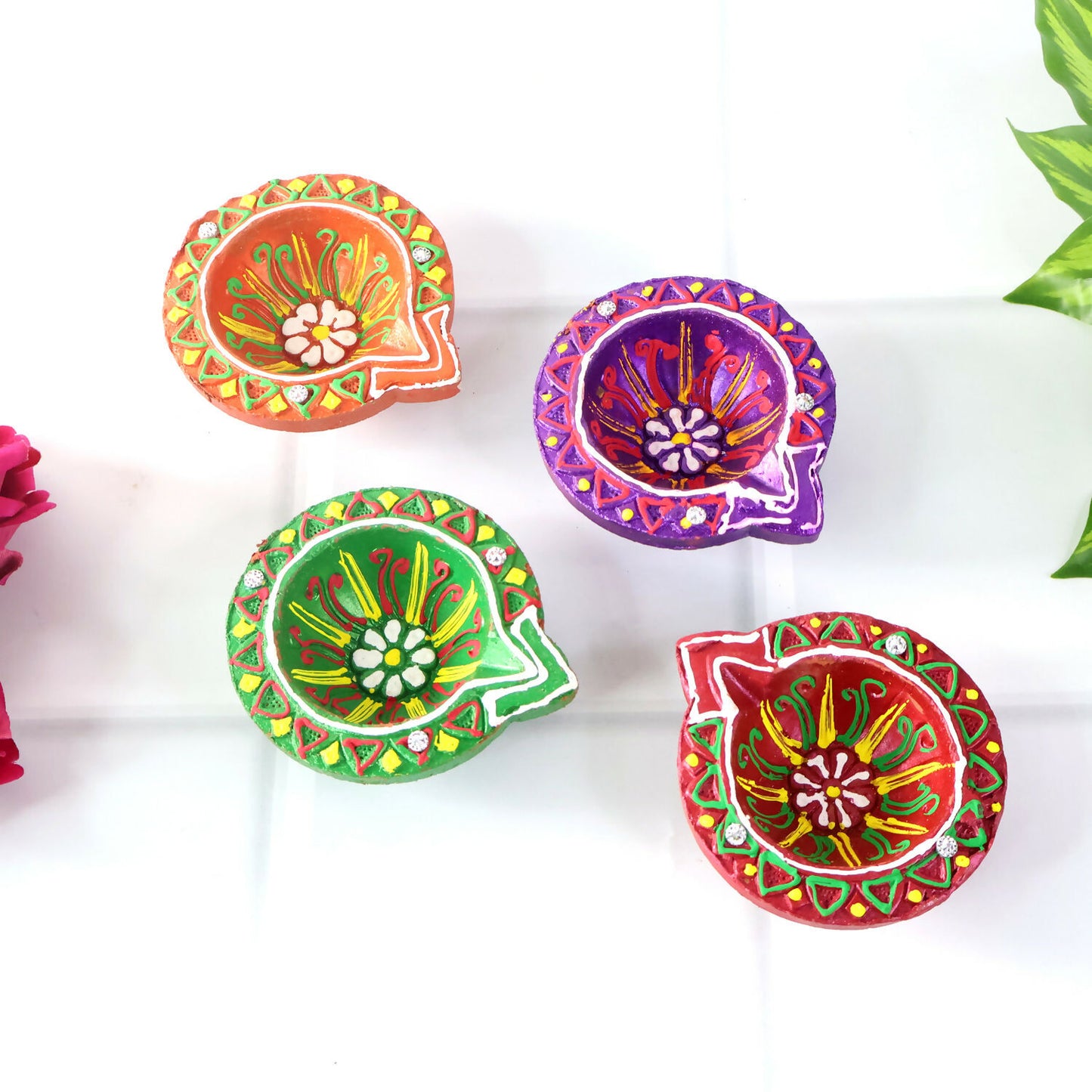 Handcrafted Multicolor Mix Diya Set of 4 – Round Flower Pattern Oil Lamps for Diwali, Pooja & Festive Decoration (Mix Design)
