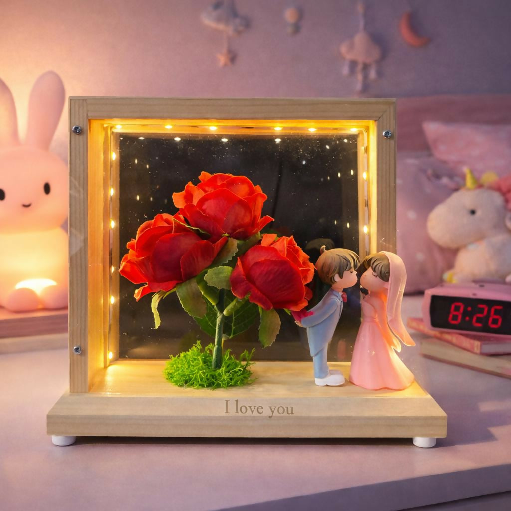 LED Wedding Couple Showpiece with Flower Frame | Decorative Table Lamp (Design may vary)