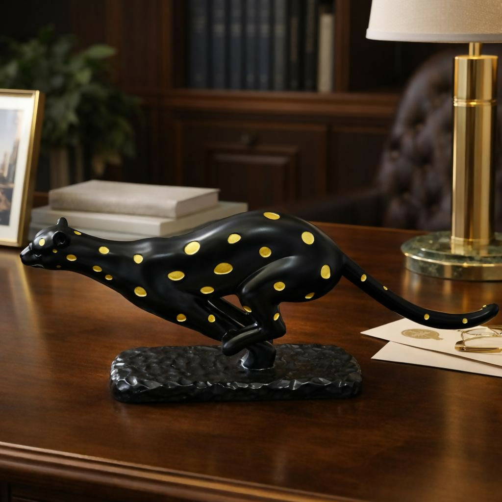 Close-up of running leopard statue detailed spotted pattern