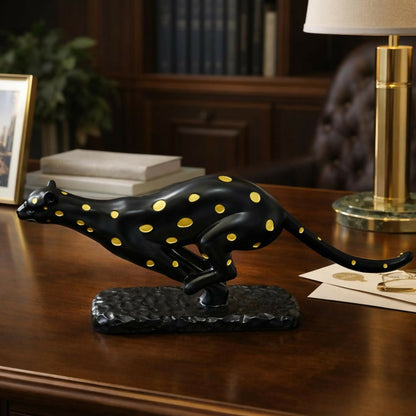 Close-up of running leopard statue detailed spotted pattern
