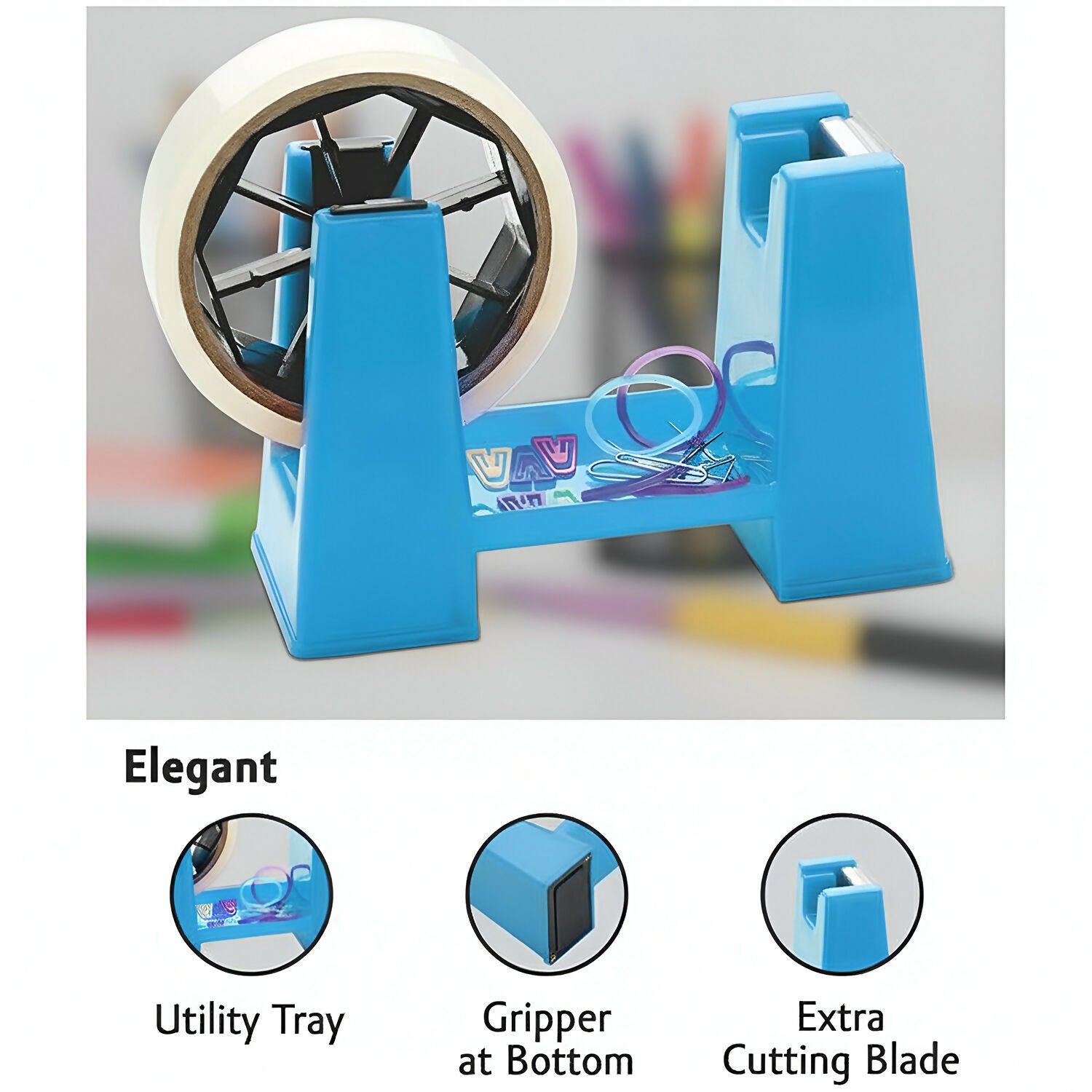 Tape Dispenser with Utility Tray and Cutting Blade for Office, School and Home Use