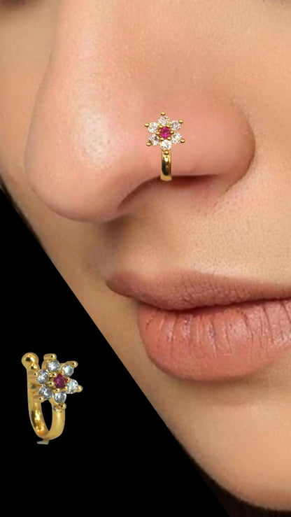 Ruby & CZ Gold Plated Non-Piercing Flower Nose Ring/Nath Combo Pack of 3