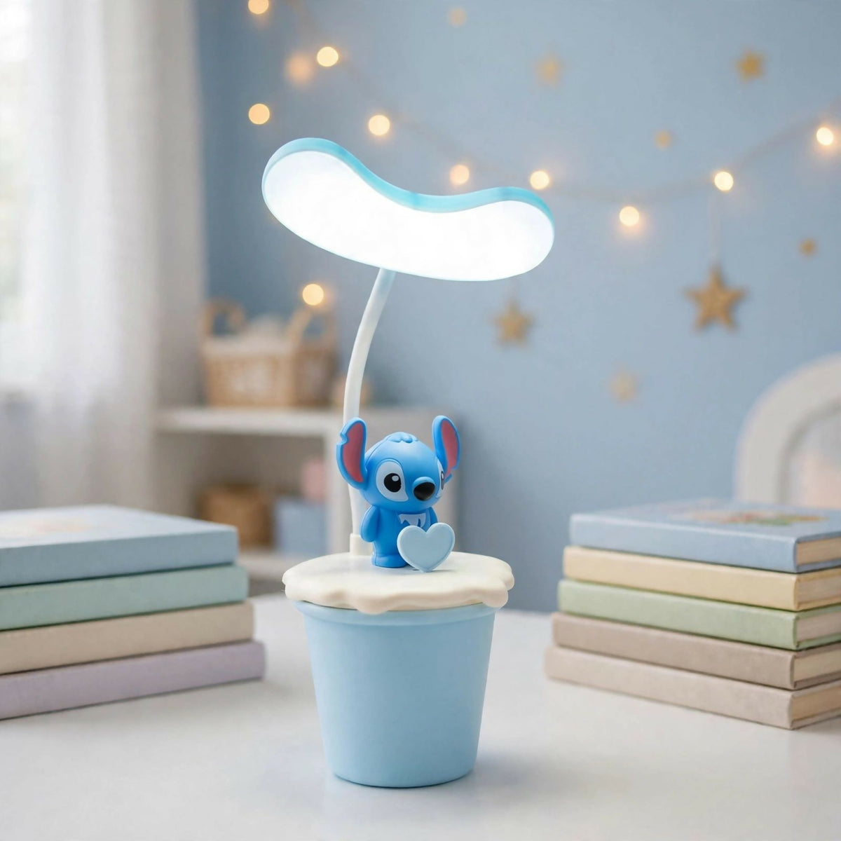 The Stitch character desk lamp with its cloud-shaped light illuminated bright white, on a table with books.