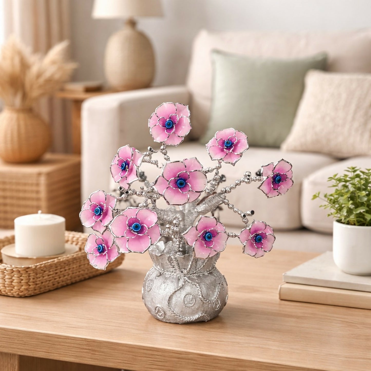 Pink Evil Eye Flower Tree Showpiece for Home Decor & Positive Energy