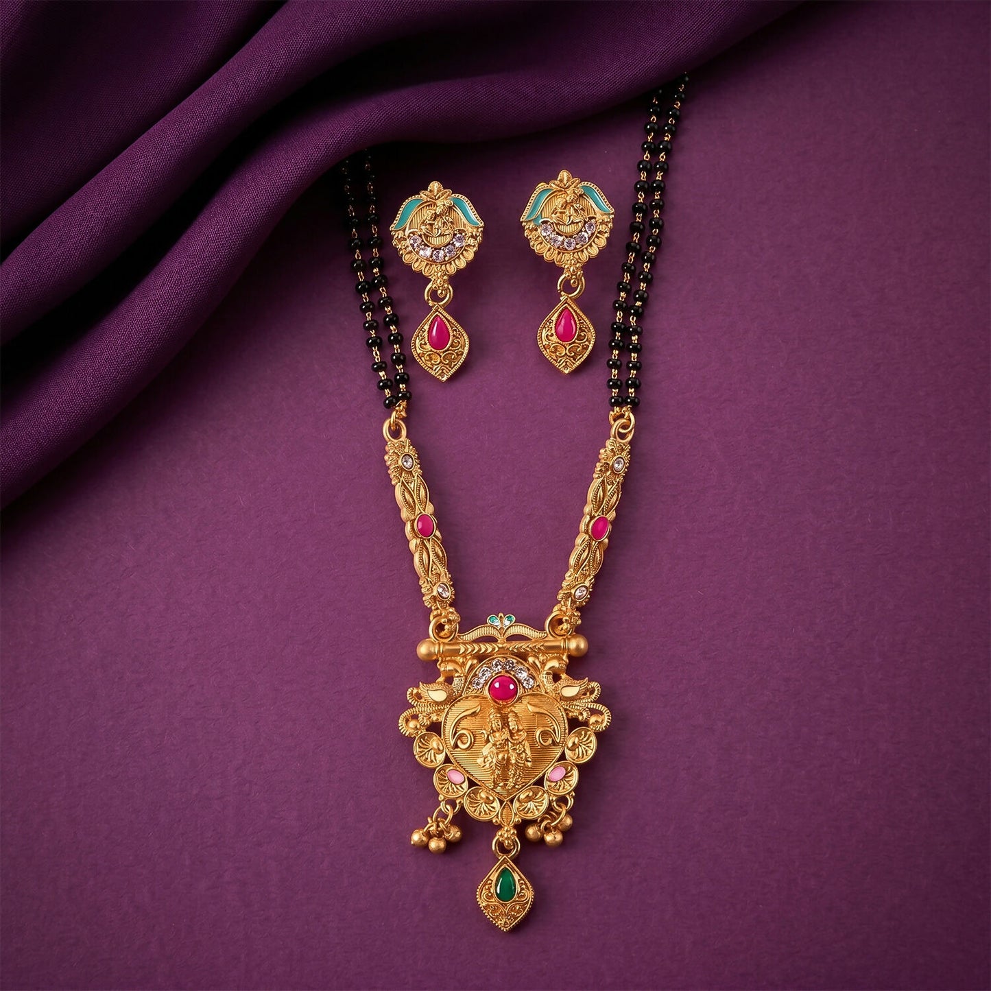 Antique Finish Radha Krishna Deity Medallion with Teal Enamel Drop Earring Set Double Strand Mangalsutra