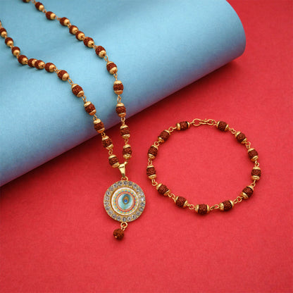 Close-up of Rudraksha beads with gold accents on jewelry set