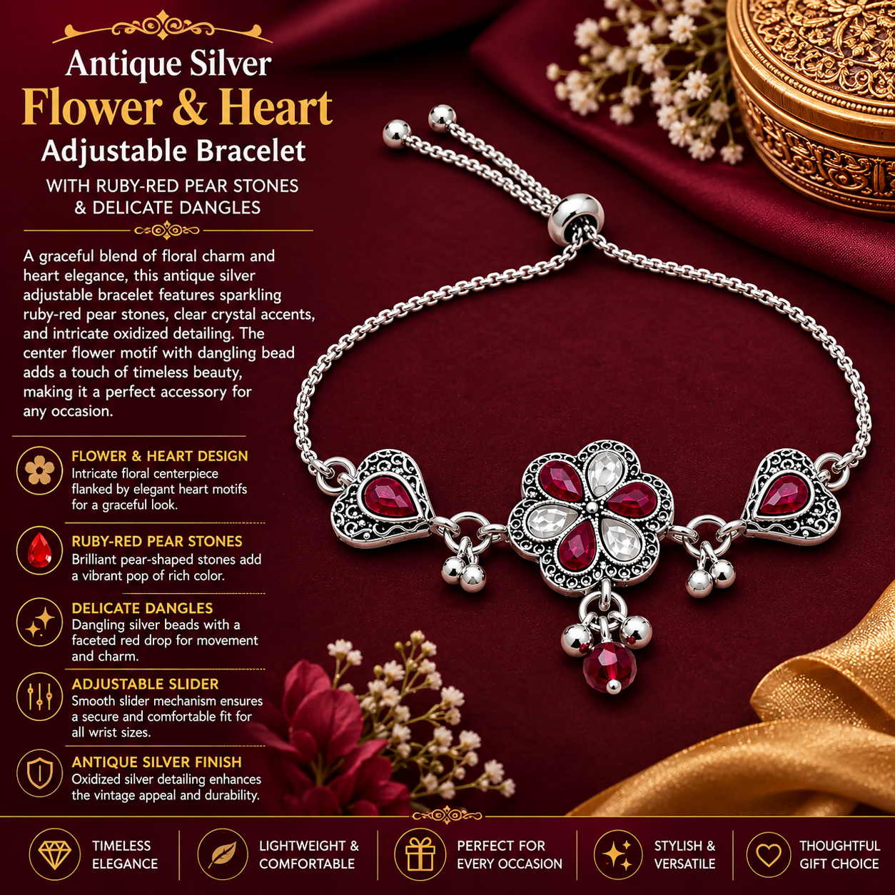 An antique silver adjustable slider bracelet with a central flower, two hearts, ruby-red pear stones, and dangling beads on