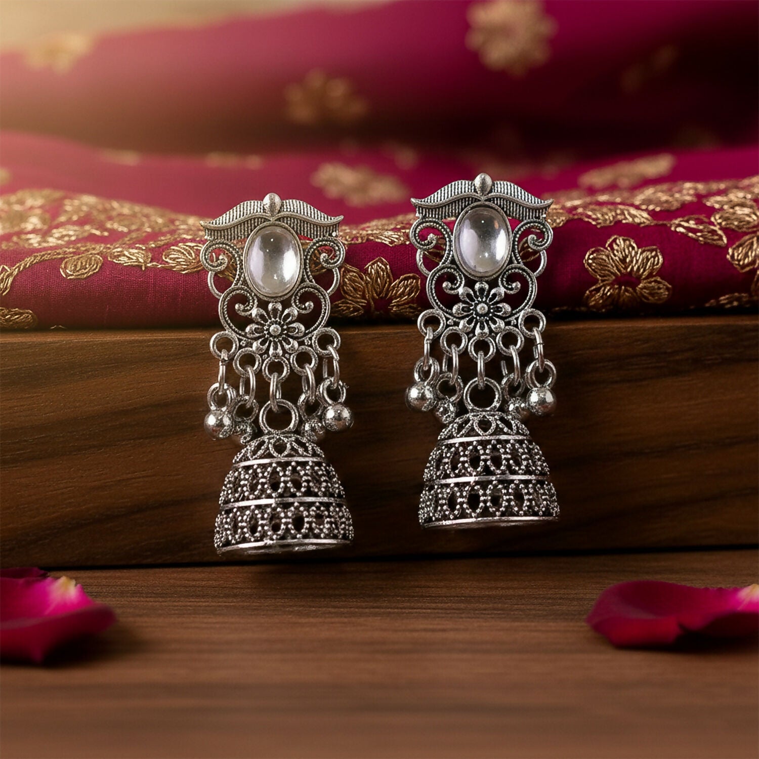 German Silver Jhumka Earrings with White Monalisa Stones
