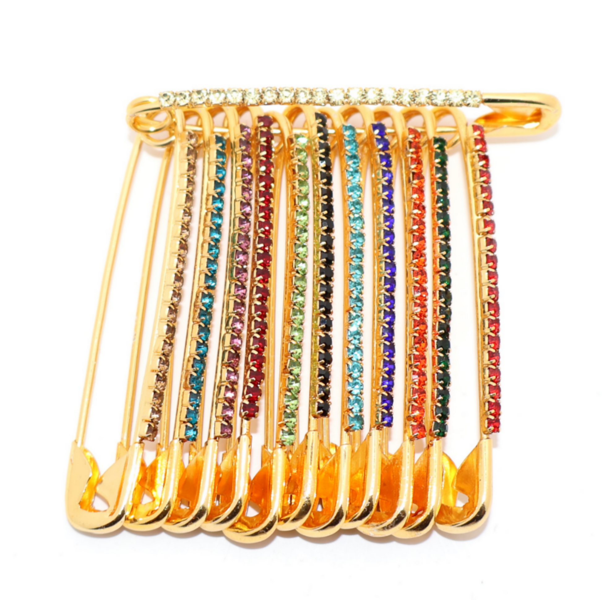 Gold Crystal Safety Pin Brooch - Fan Design Diamond Effect Scarf Clip