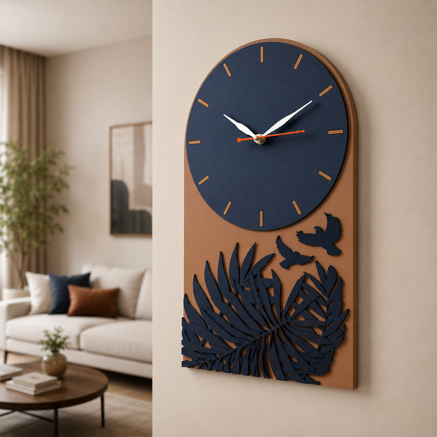 Tropical Leaf Bird Designer Layered MDF Wall Clock Modern Luxury Home Wall Décor close-up detail for festive gifting home