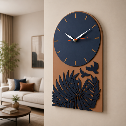 Tropical Leaf Bird Designer Layered MDF Wall Clock Modern Luxury Home Wall Décor close-up detail for festive gifting home