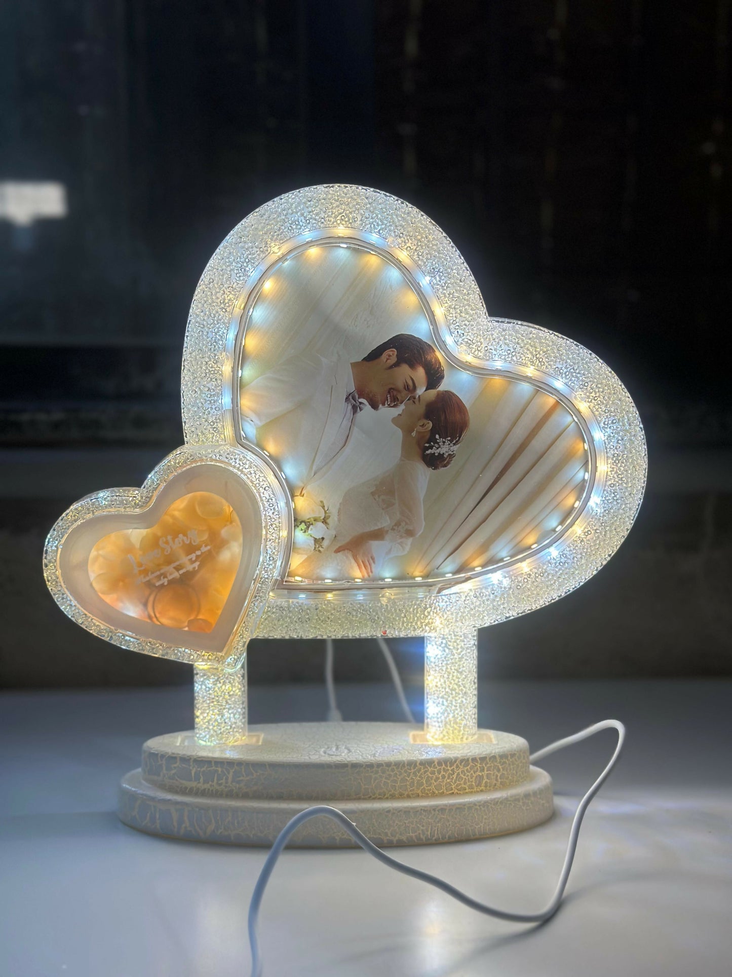 Heart-Shaped LED Double Photo Frame with “Love Story” Small Heart | Dual Romantic Couple Frame with Warm White Lights | Decorative Wedding, Anniversary & Valentine’s Gift Showpiece for Home & Bedroom Décor