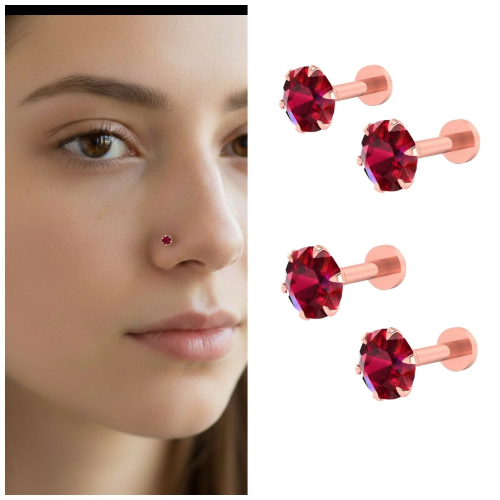 Rose gold plated ruby red nosepin stud with flat back, displayed clearly