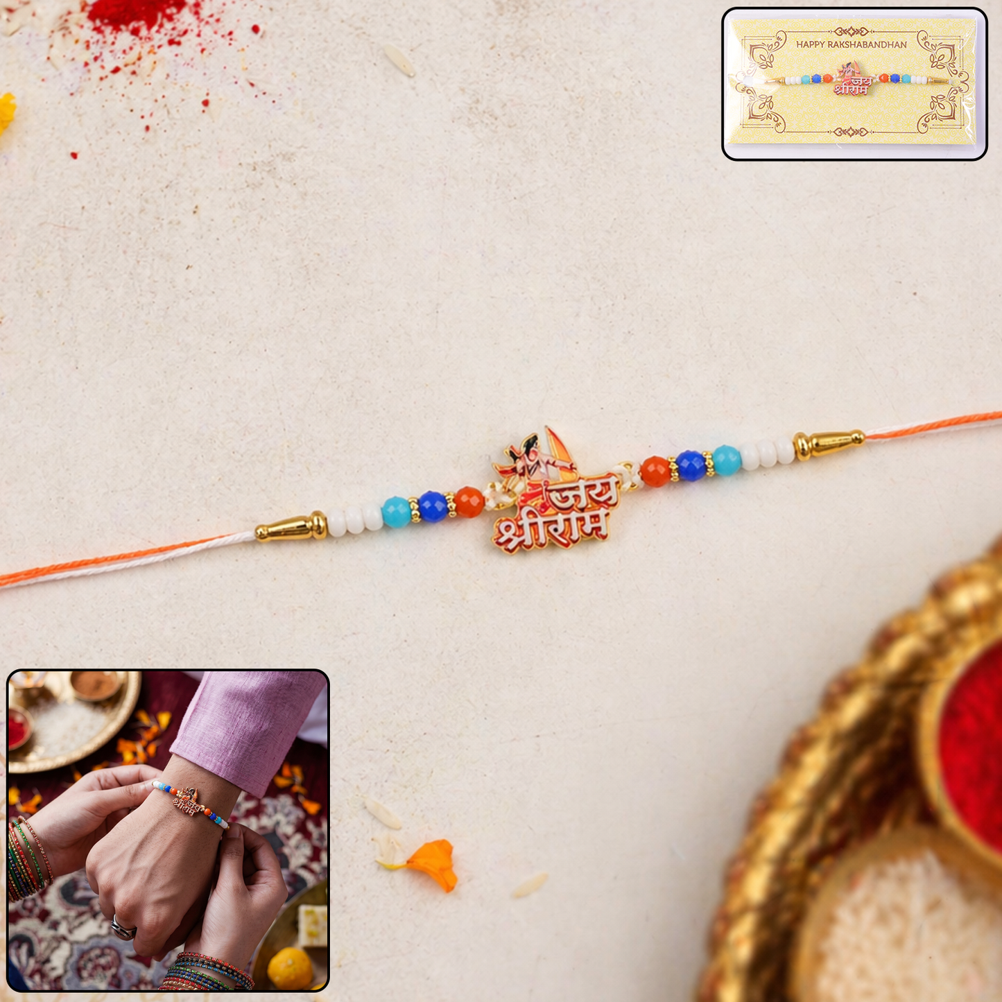 Top view of Jai Shri Ram Designer Rakhi with Lord Ram symbol