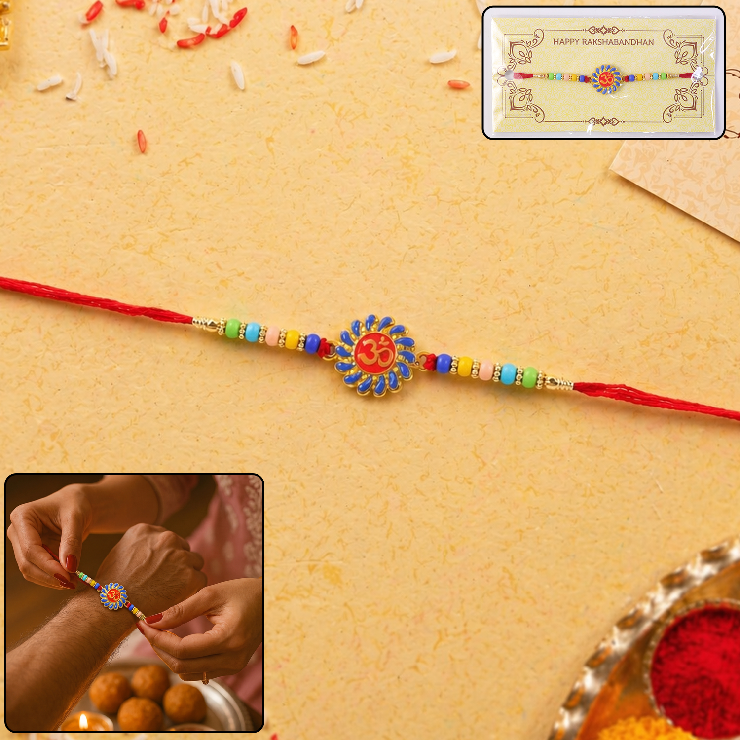 Close-up of OM symbol rakhi design with beads