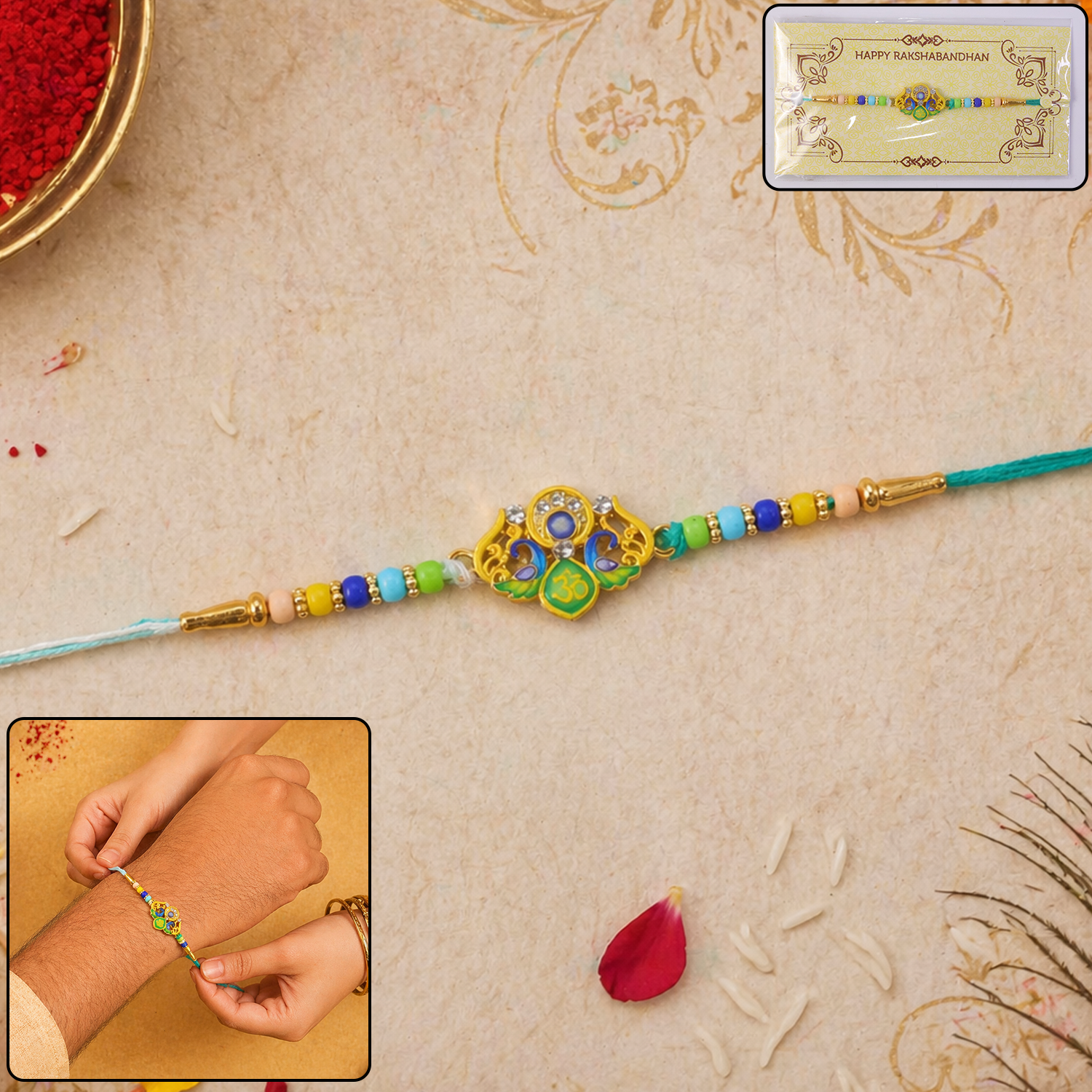 Close-up of decorative colorful beads on Rakhi