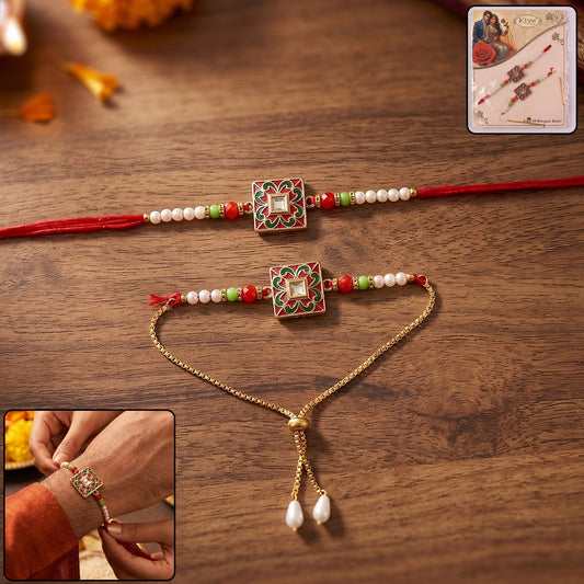 Traditional Square Designer Rakhi with Pearl Beads (1 Pc)