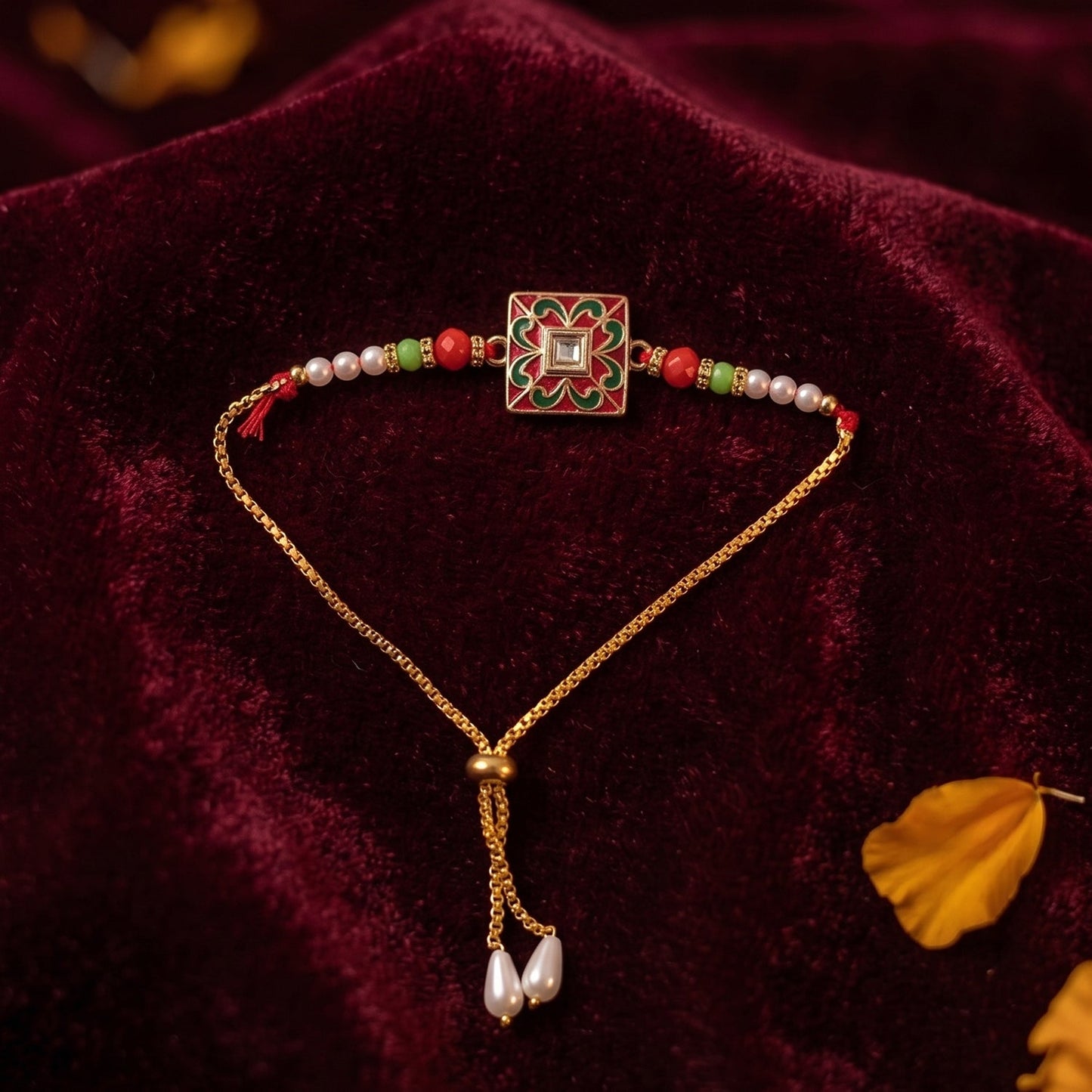 Decorative beads detail on traditional Rakhi