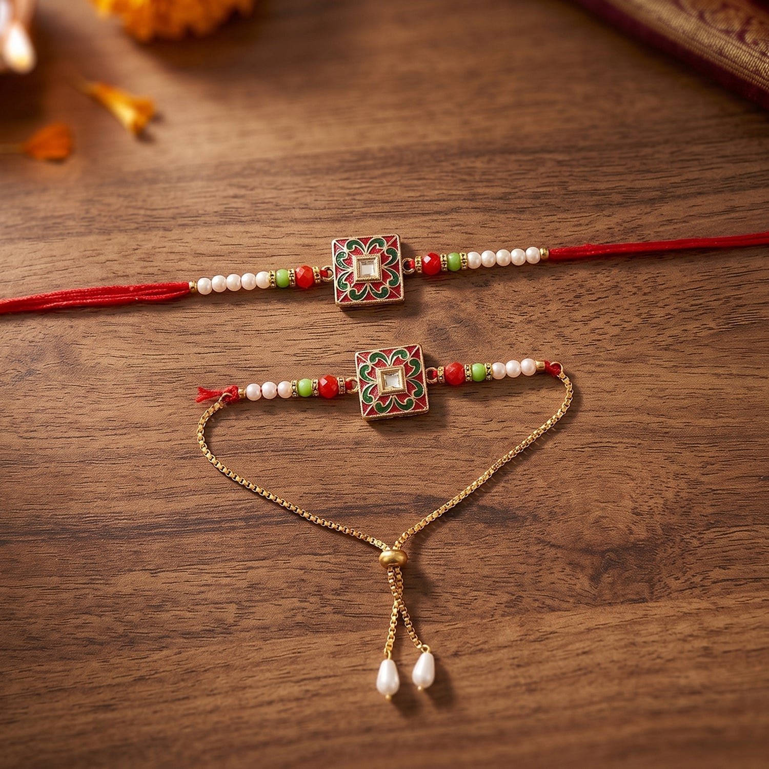 Close-up of decorative beads and centerpiece on Rakhi