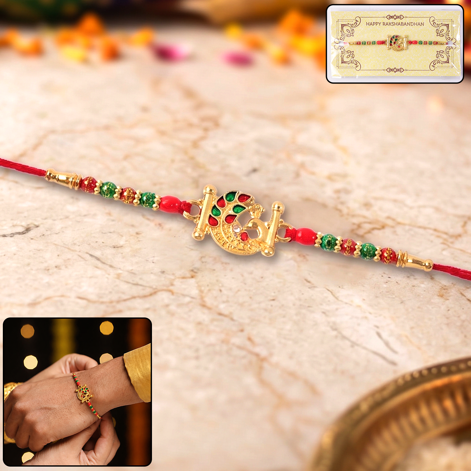 Front view of Artistic Peacock Designer Rakhi