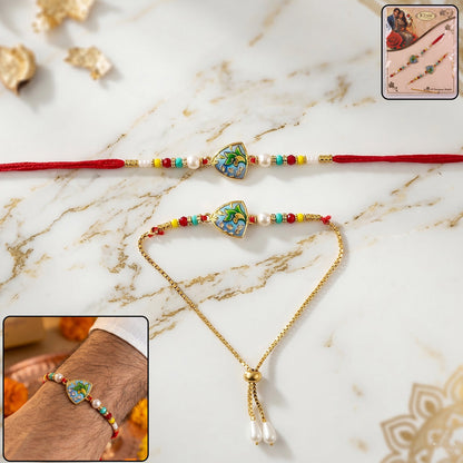 Leaf pattern designer rakhi with colorful beads close-up