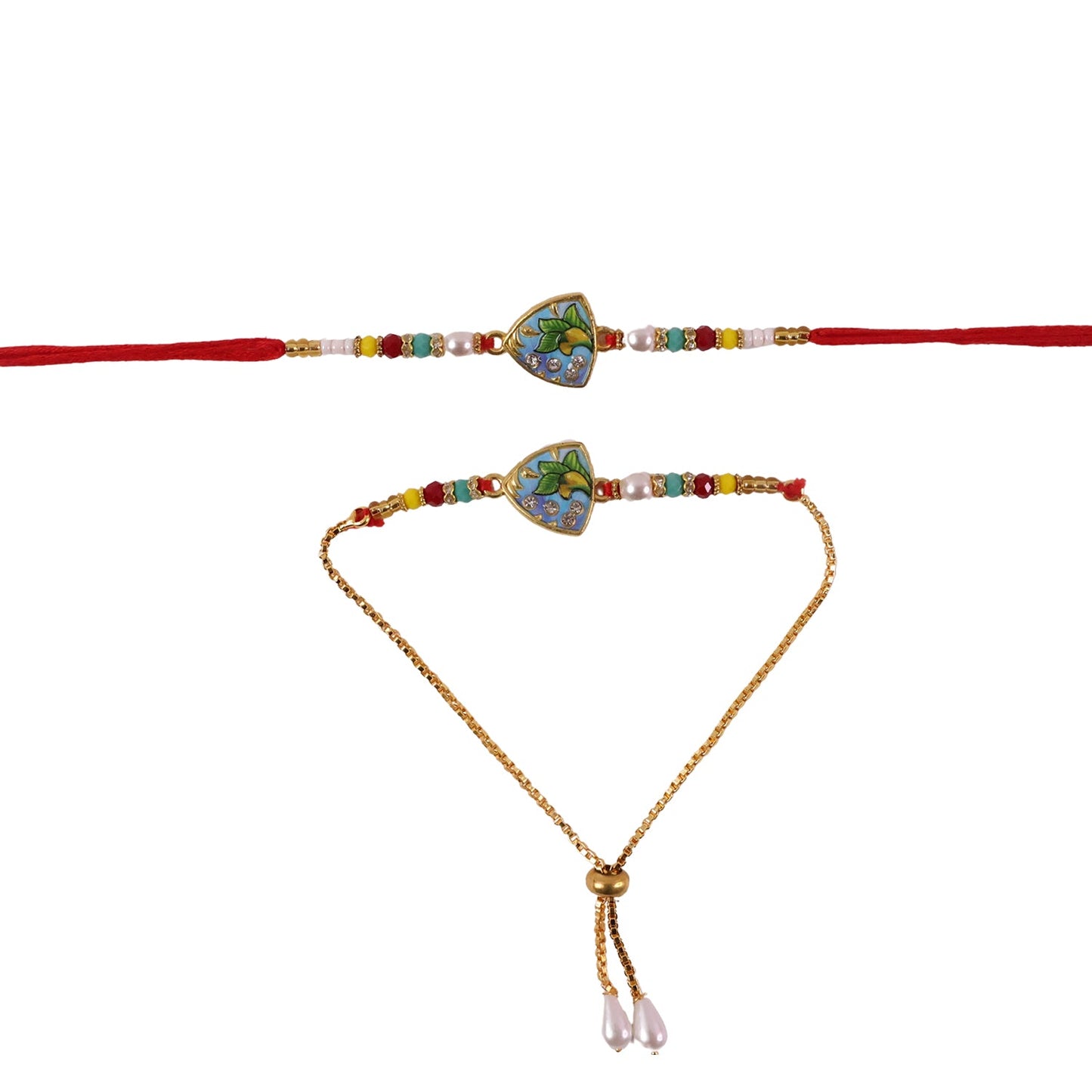 Close-up view of traditional rakhi with leaf design and beads