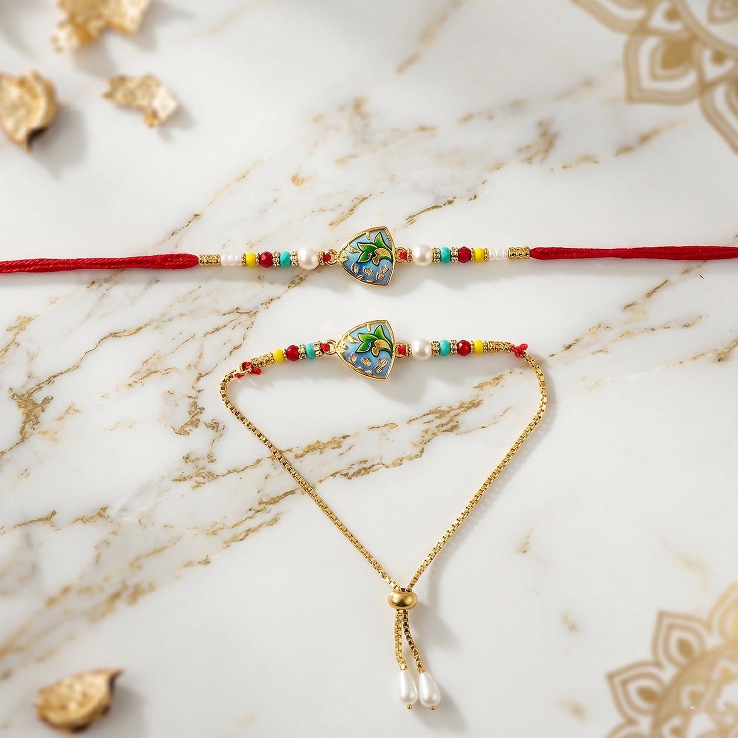 Leaf pattern rakhi showing intricate bead work