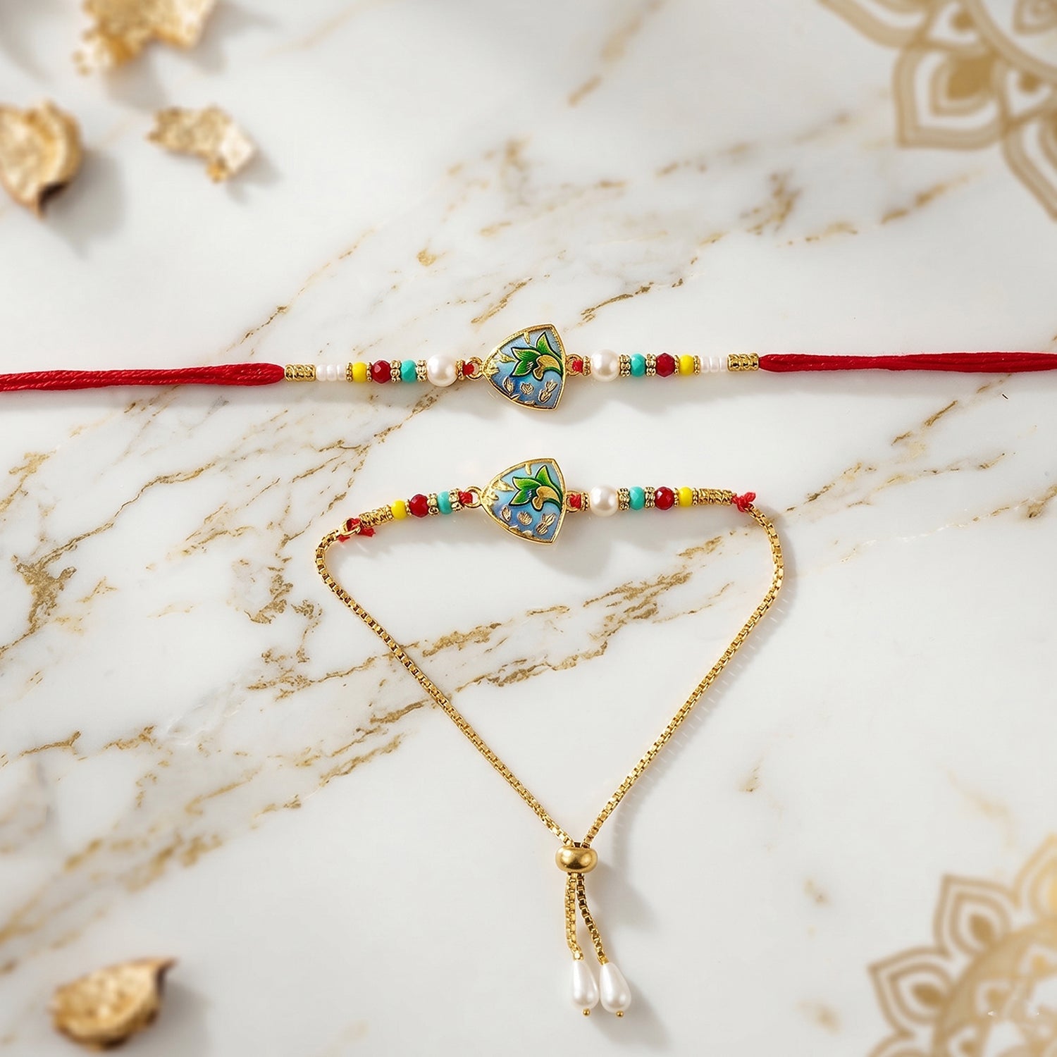 Leaf pattern rakhi showing intricate bead work