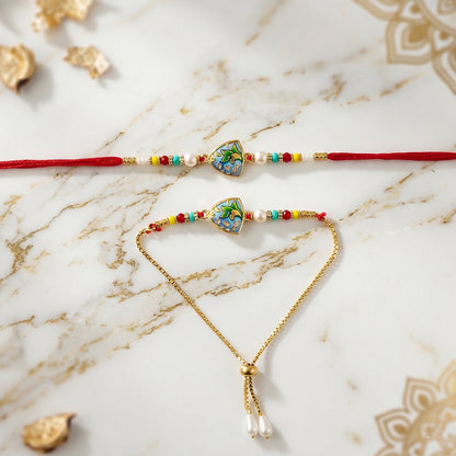 Leaf pattern rakhi showing intricate bead work