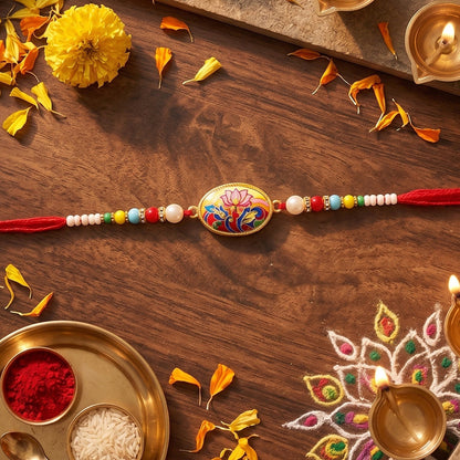 Lotus Floral Rakhi showing soft thread detail