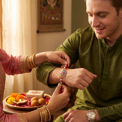 Designer Rakhi centerpiece with beads and thread