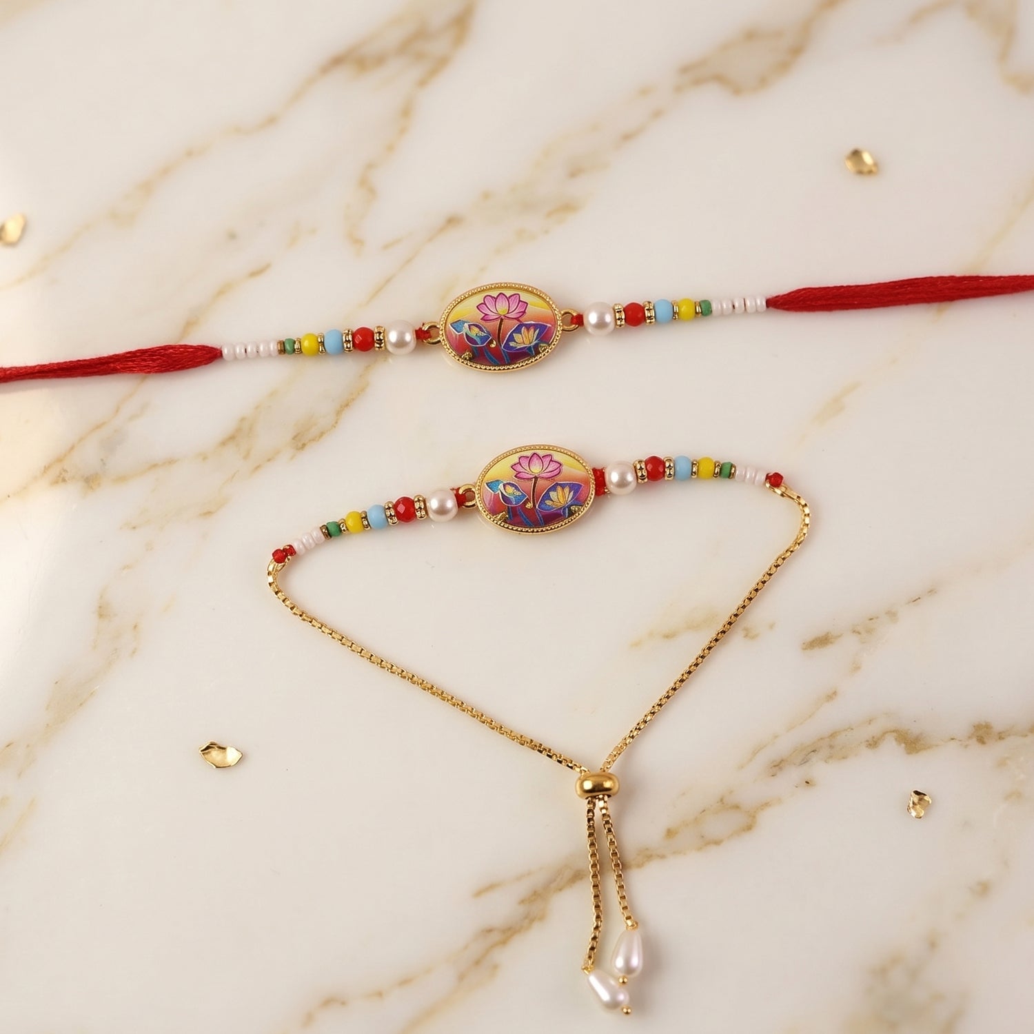 Lotus Floral Rakhi multicolor bead arrangement